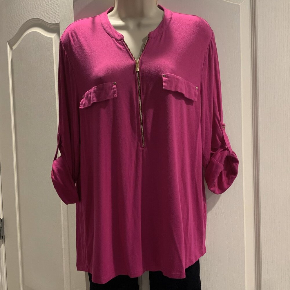 Calvin Klein Half-Zip, Roll Tab 3/4 Sleeve Top